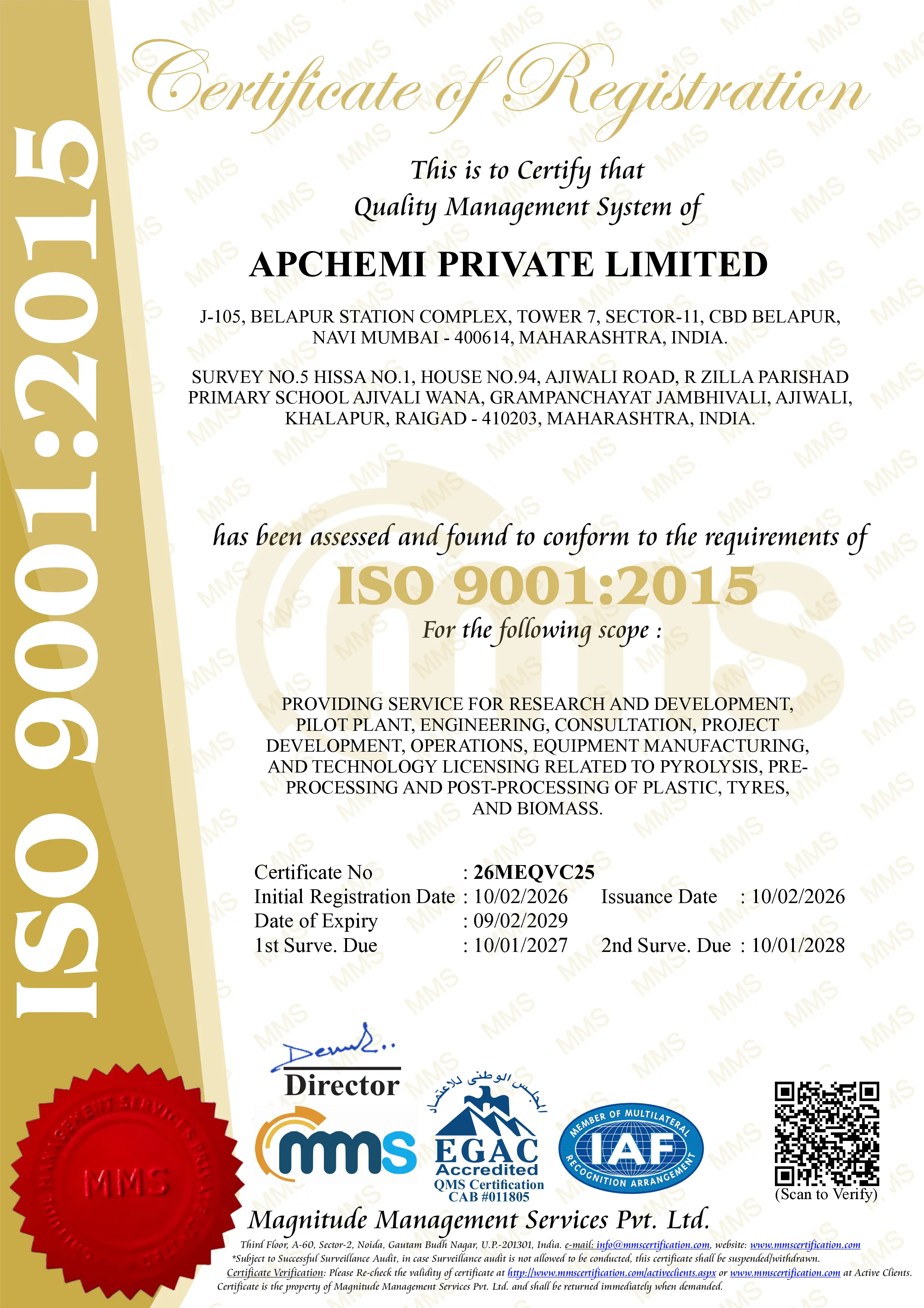 APChemi ISO 9001:2015 Quality Management System Certificate issued by MMS Certification